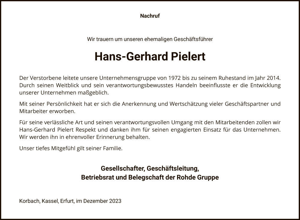  Traueranzeige für Hans-Gerhard Pielert vom 30.12.2023 aus WLZ