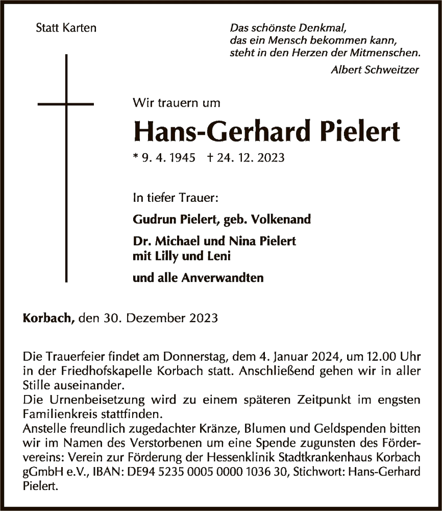  Traueranzeige für Hans-Gerhard Pielert vom 30.12.2023 aus WLZ