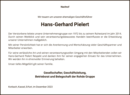 Traueranzeige von Hans-Gerhard Pielert von WLZ