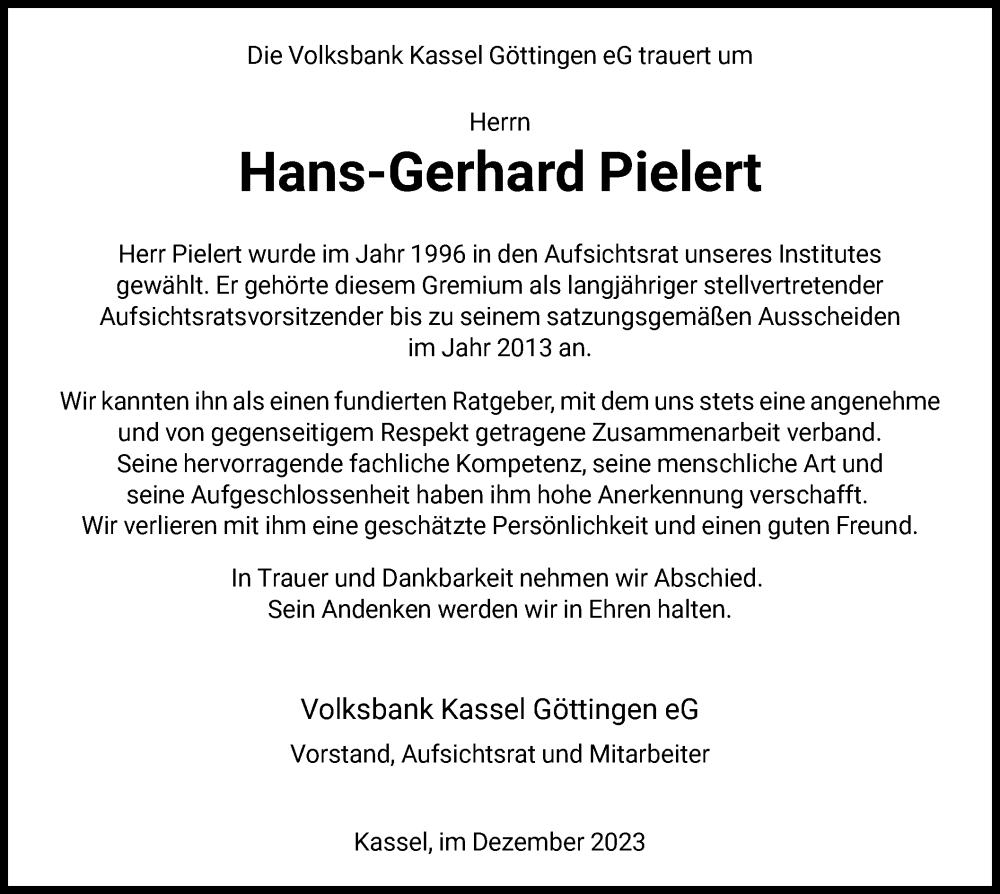  Traueranzeige für Hans-Gerhard Pielert vom 30.12.2023 aus HNAWLZ