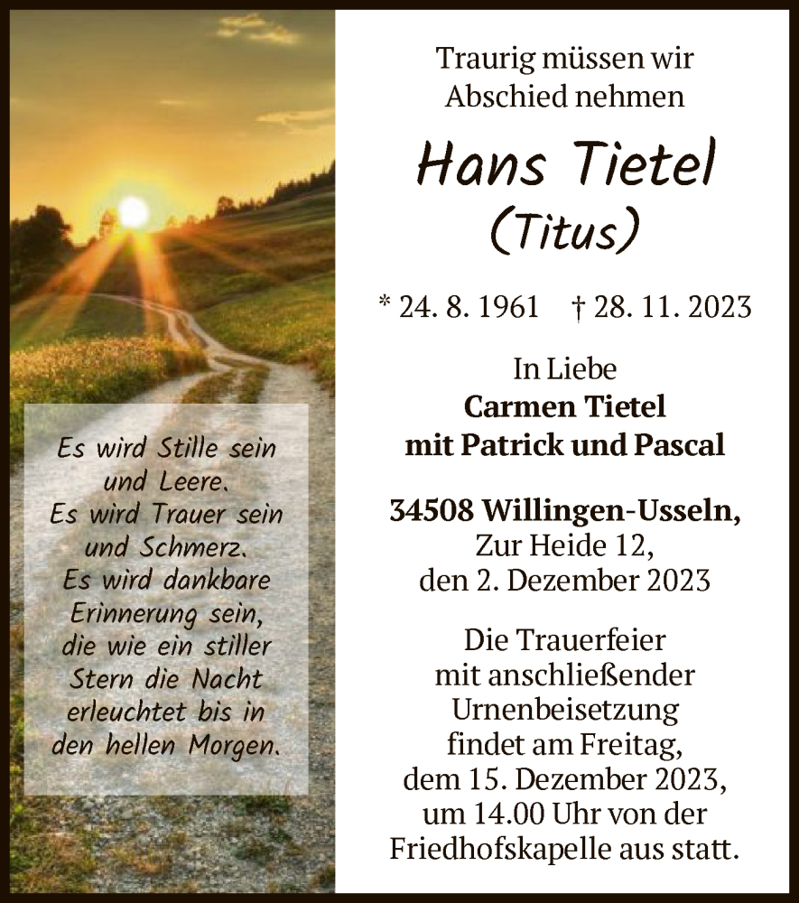  Traueranzeige für Hans Tietel vom 02.12.2023 aus WLZ