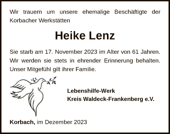 Traueranzeige von Heike Lenz von WLZ