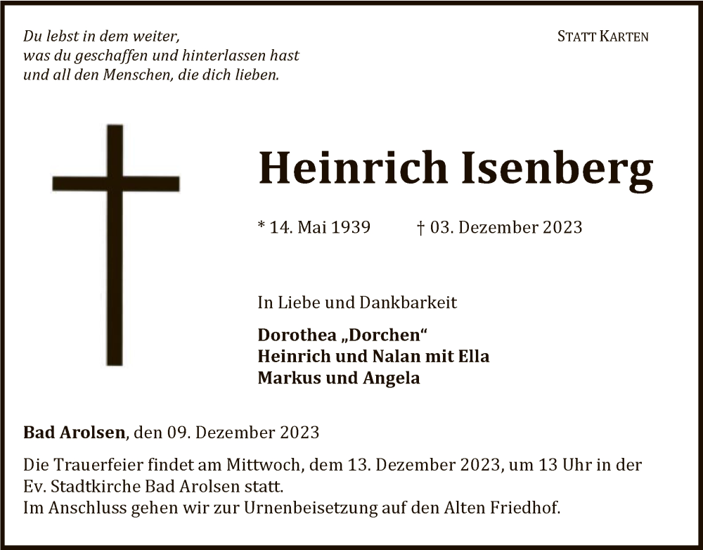  Traueranzeige für Heinrich Isenberg vom 09.12.2023 aus WLZ