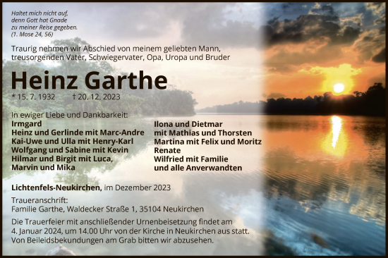 Traueranzeige von Heinz Garthe von WLZ