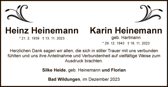 Traueranzeige von Heinz und Karin Heinemann von WLZ