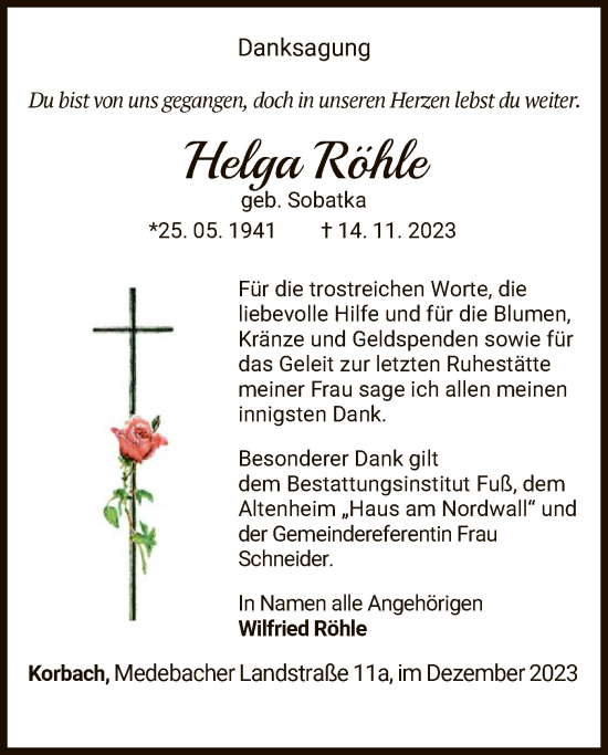 Traueranzeige von Helga Röhle von WLZ