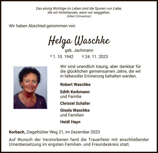 Traueranzeige von Helga Waschke von WLZ