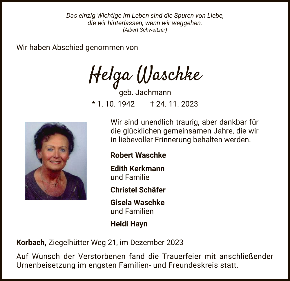  Traueranzeige für Helga Waschke vom 16.12.2023 aus WLZ