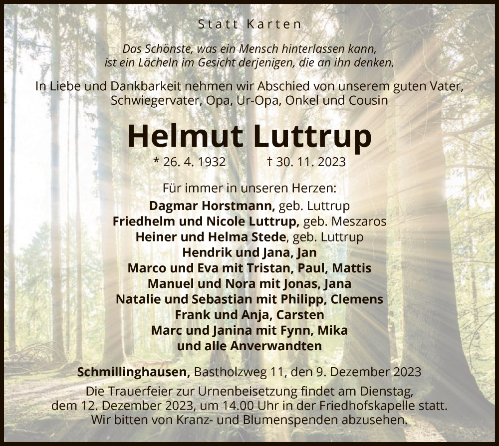  Traueranzeige für Helmut Luttrup vom 09.12.2023 aus WLZ