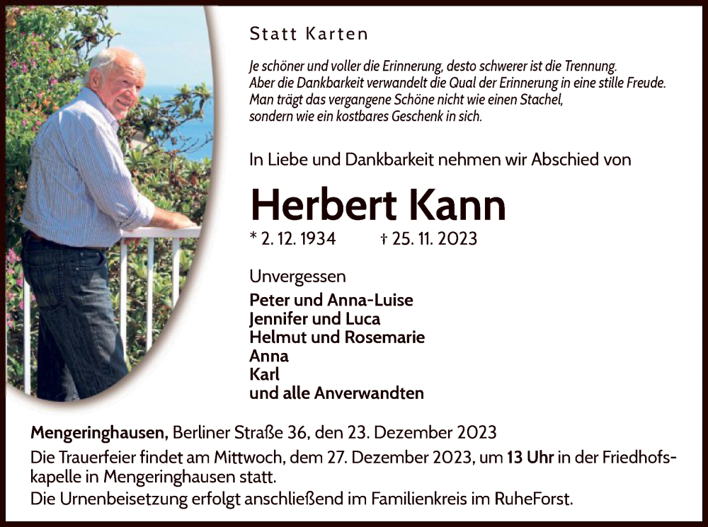  Traueranzeige für Herbert Kann vom 23.12.2023 aus WLZ