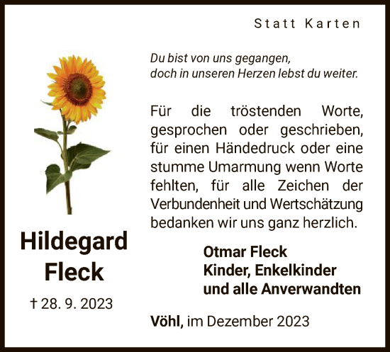 Traueranzeige von Hildegard Fleck von WLZHNA