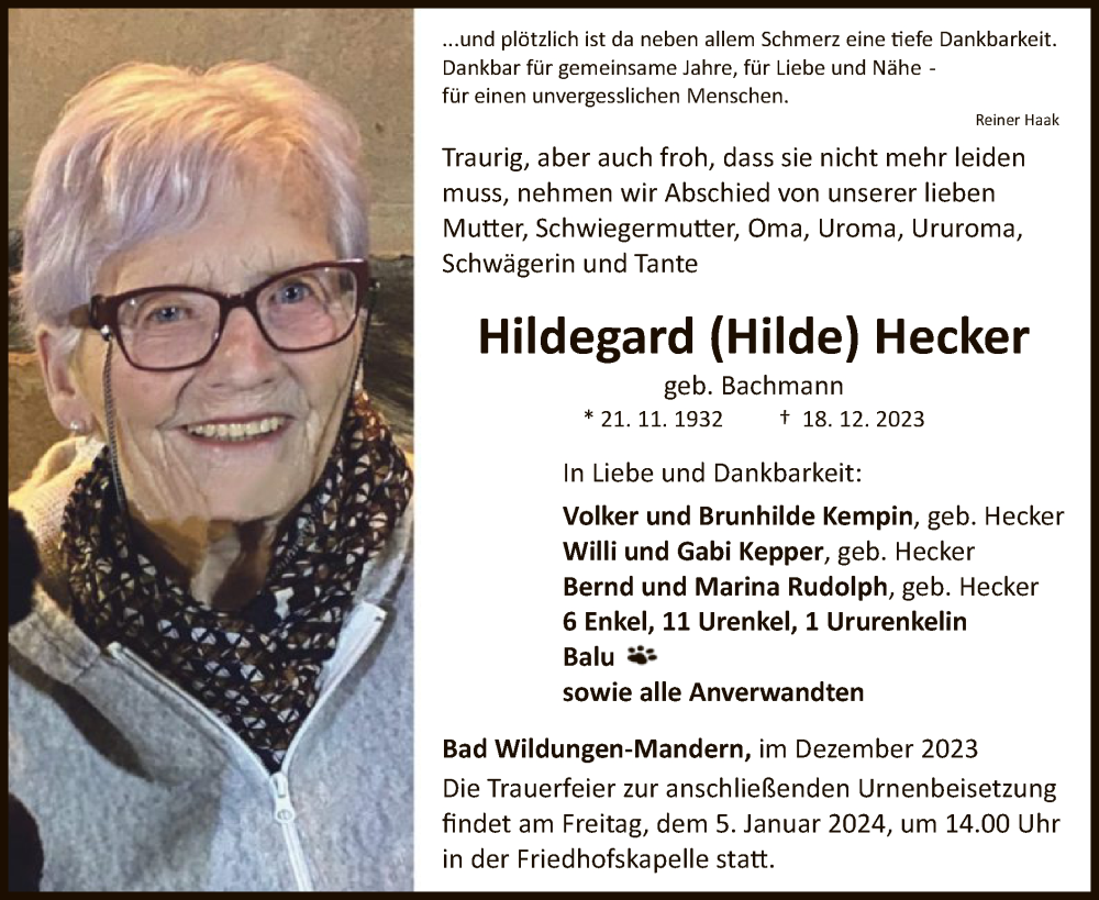 Traueranzeige für Hildegard Hecker vom 30.12.2023 aus WLZ