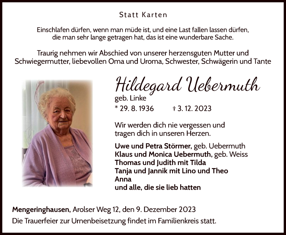 Traueranzeige für Hildegard Uebermuth vom 09.12.2023 aus WLZ