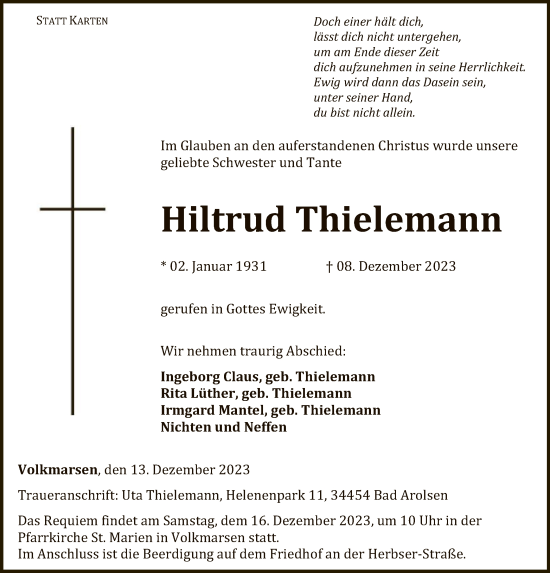 Traueranzeige von Hiltrud Thielemann von WLZ