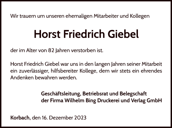 Traueranzeige von Horst Friedrich Giebel von WLZ