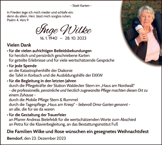 Traueranzeige von Inge Wilke von WLZ