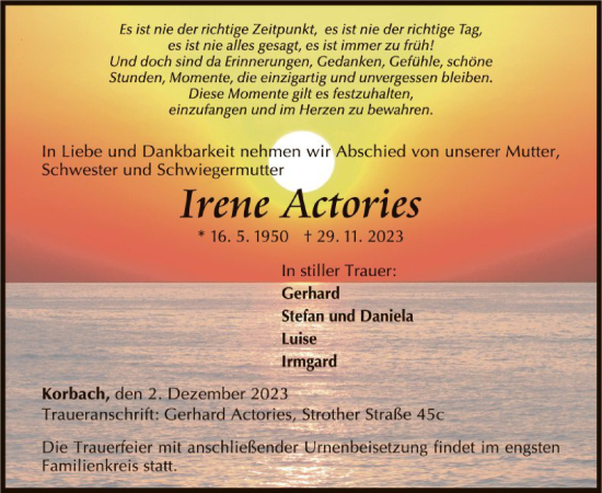 Traueranzeige von Irene Actories von WLZ