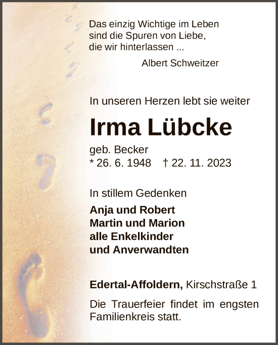 Traueranzeige von Irma Lübcke von WLZ