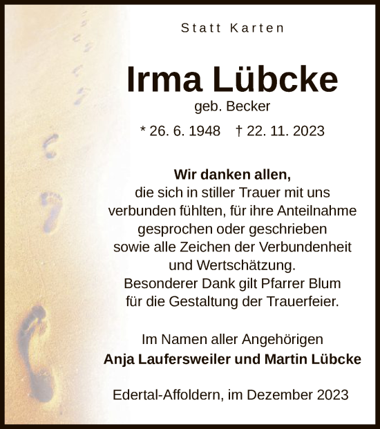 Traueranzeige von Irma Lübcke von WLZ