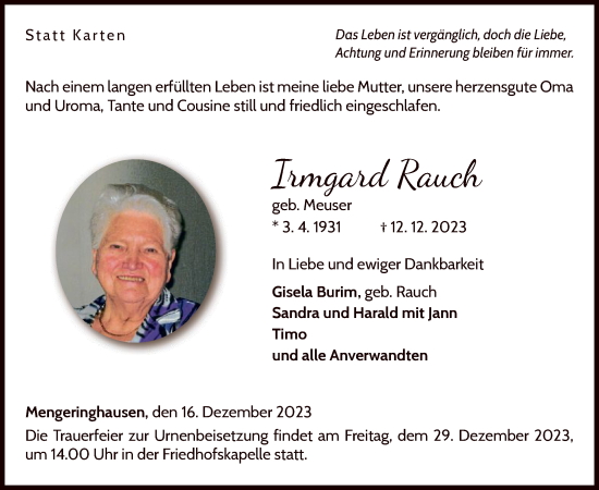 Traueranzeige von Irmgard Rauch von WLZ