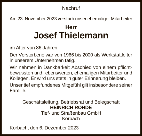 Traueranzeige von Josef Thielemann von WLZ