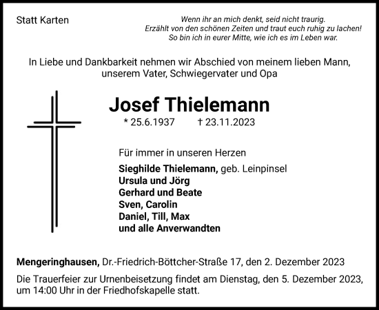 Traueranzeige von Josef Thielemann von WLZ