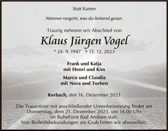 Traueranzeige von Klaus Jürgen Vogel von WLZ