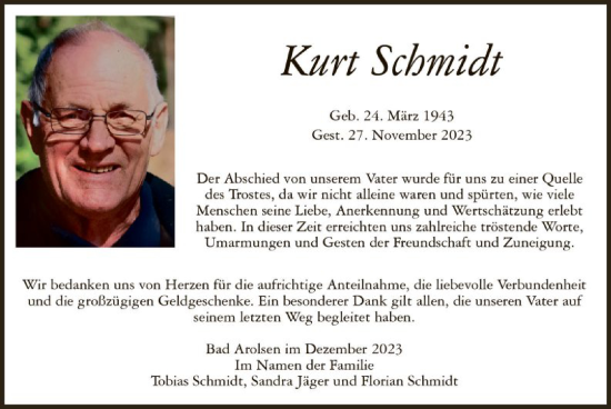 Traueranzeige von Kurt Schmidt von WLZ