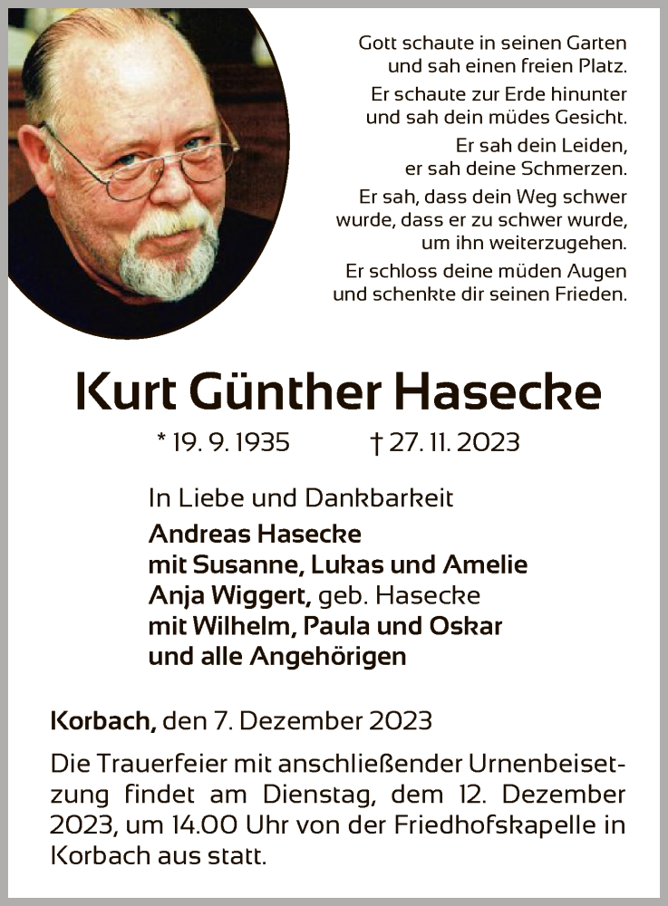  Traueranzeige für Kurt Günther Hasecke vom 07.12.2023 aus WLZ