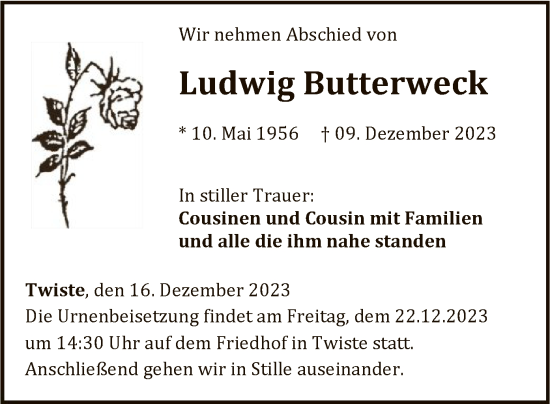 Traueranzeige von Ludwig Butterweck von WLZ