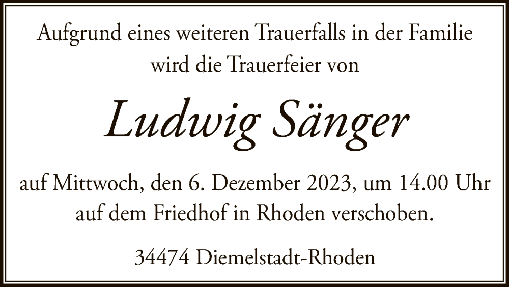  Traueranzeige für Ludwig Sänger vom 01.12.2023 aus WLZ