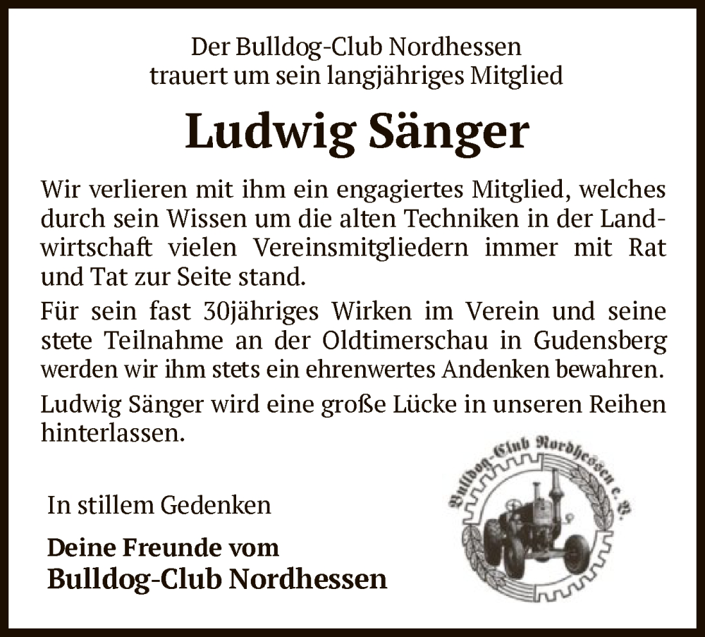  Traueranzeige für Ludwig Sänger vom 06.12.2023 aus WLZ