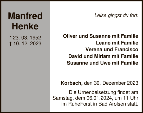 Traueranzeige von Manfred Henke von WLZ