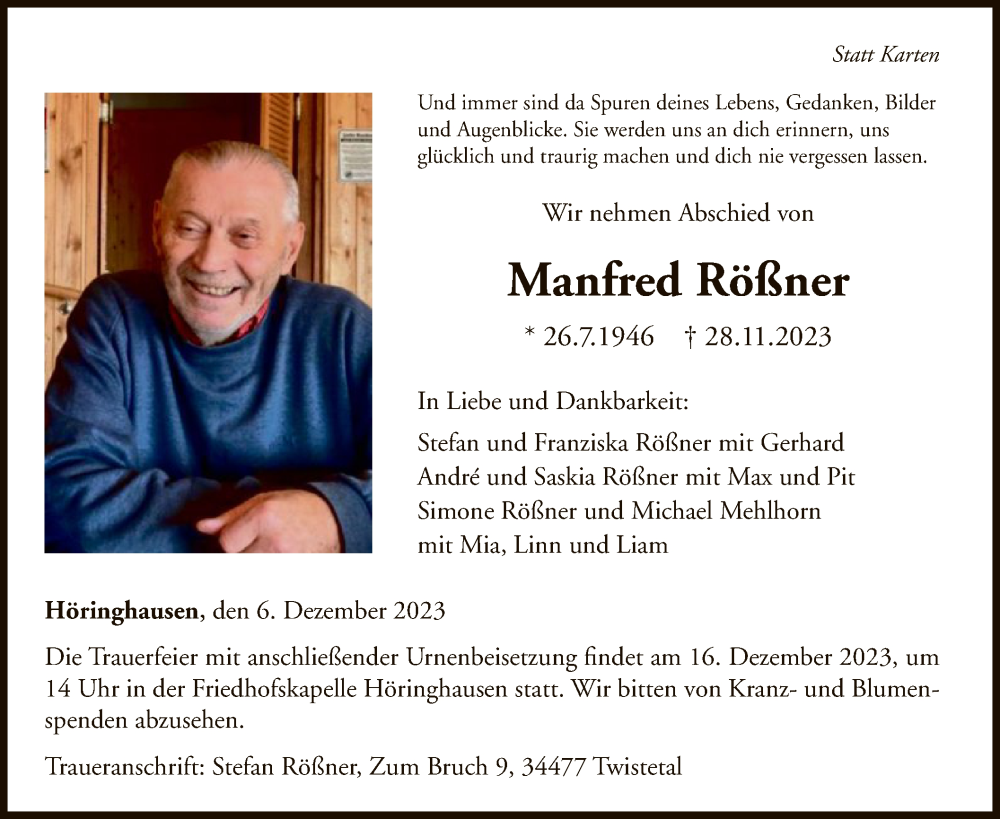  Traueranzeige für Manfred Rößner vom 06.12.2023 aus WLZ