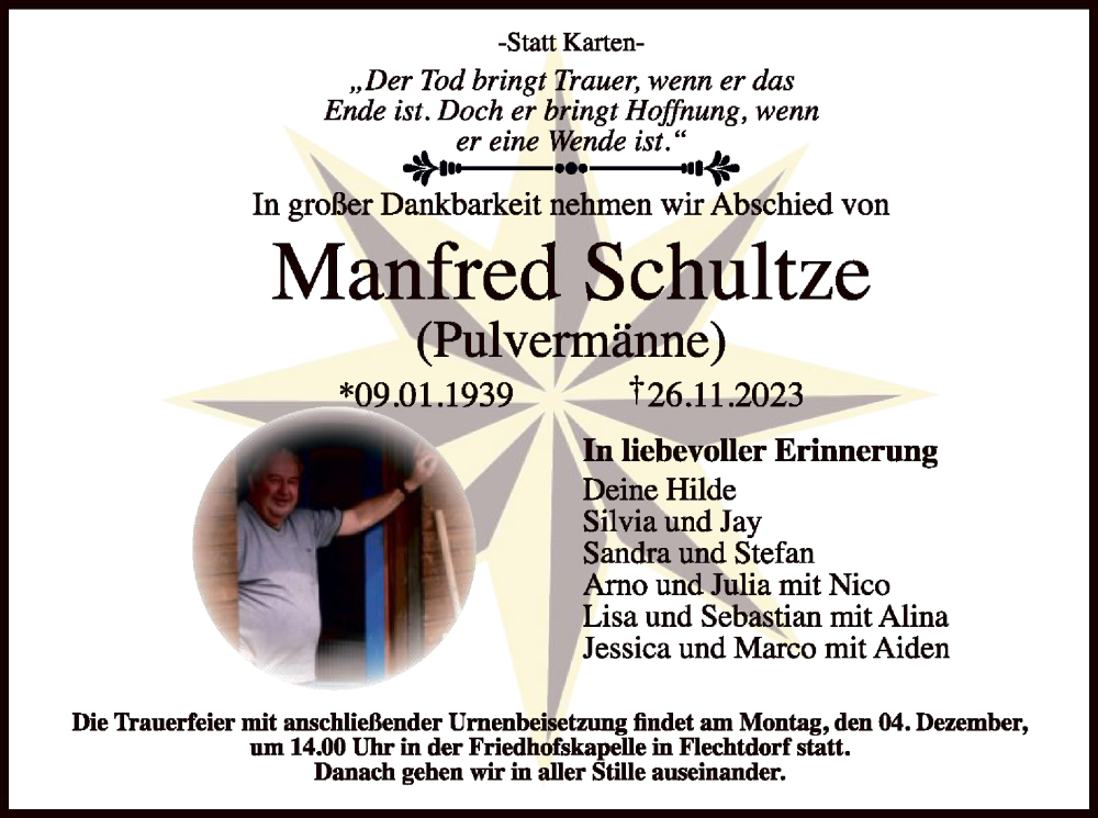  Traueranzeige für Manfred Schultze vom 01.12.2023 aus WLZ