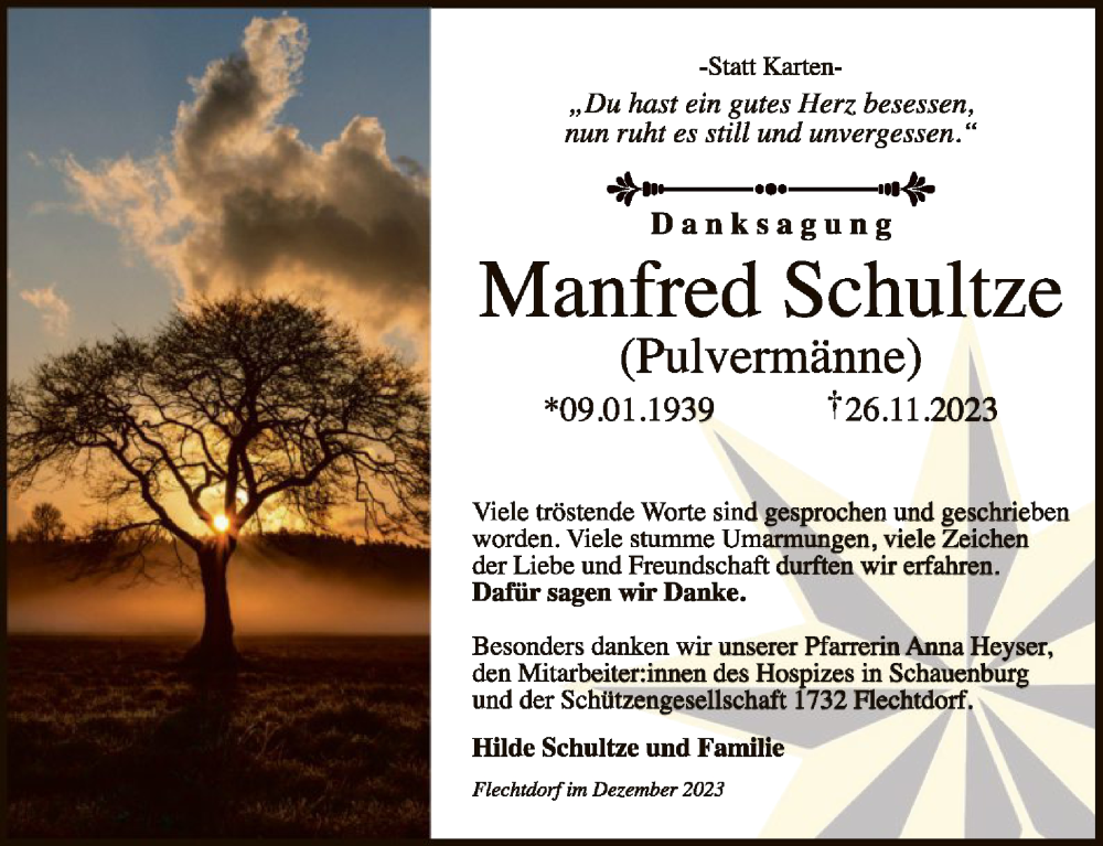  Traueranzeige für Manfred Schultze vom 30.12.2023 aus WLZ