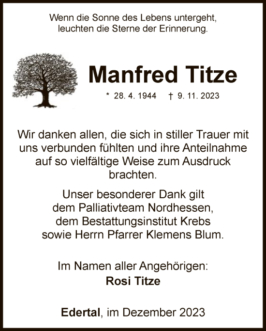 Traueranzeige von Manfred Titze von WLZ