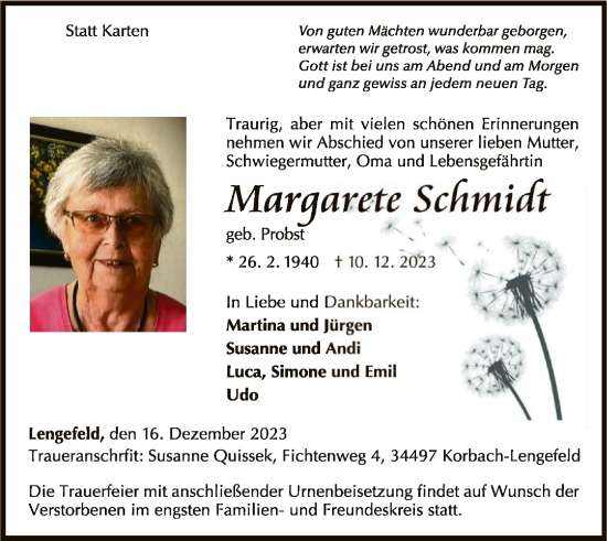 Traueranzeige von Margarete Schmidt von WLZ