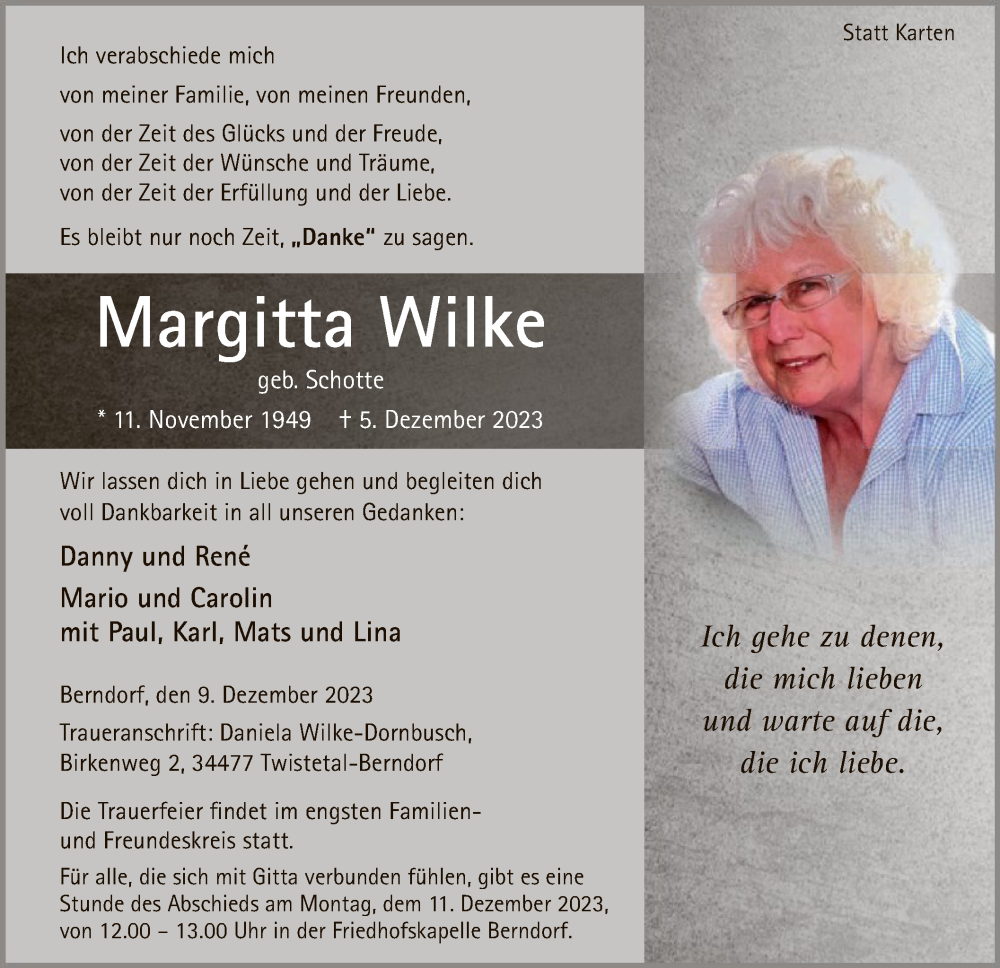  Traueranzeige für Margitta Wilke vom 09.12.2023 aus WLZ