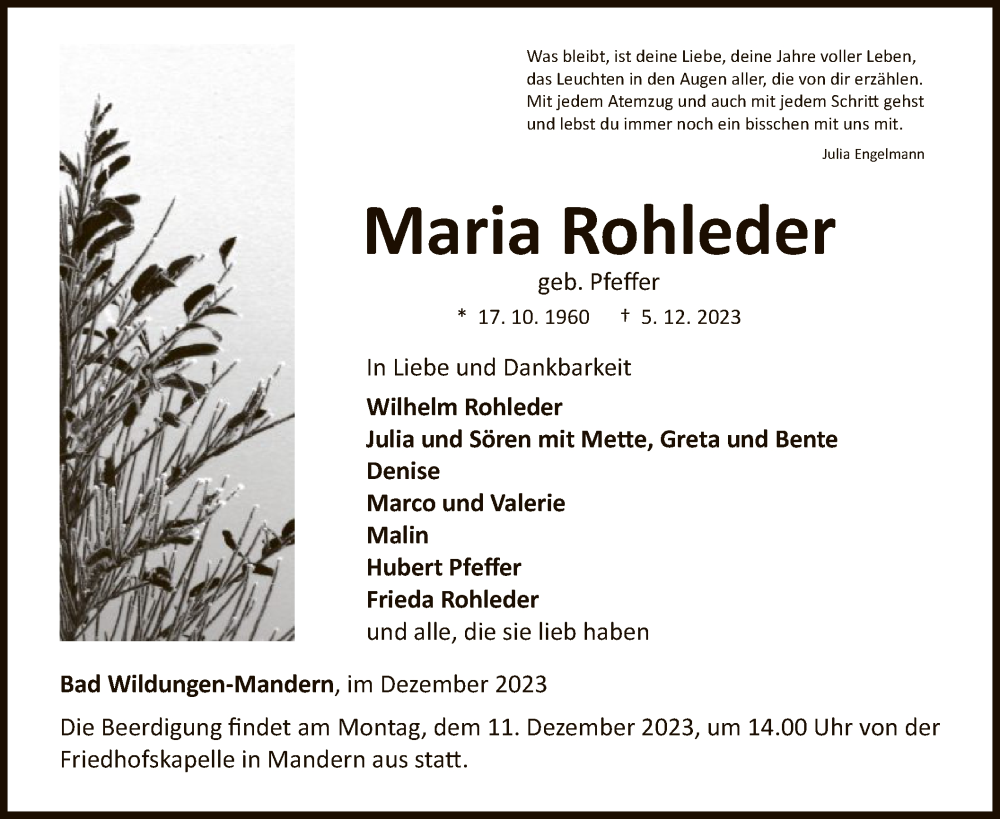 Traueranzeige für Maria Rohleder vom 07.12.2023 aus WLZ
