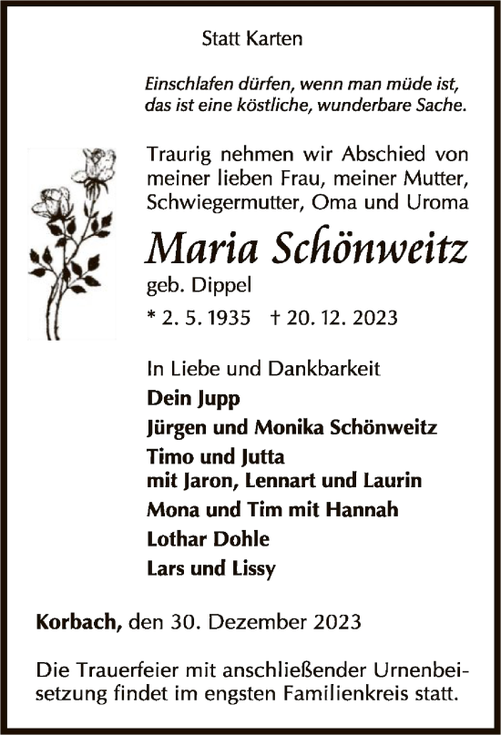 Traueranzeige von Maria Schönweitz von WLZ