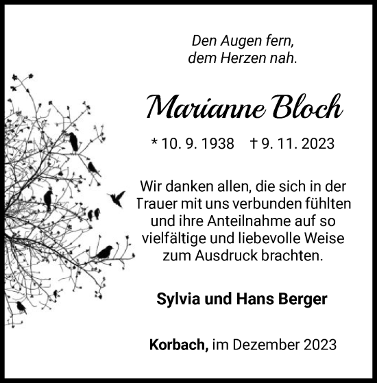 Traueranzeige von Marianne Bloch von WLZ