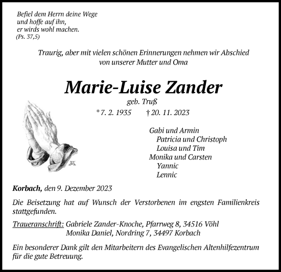 Traueranzeige von Marie-Luise Zander von WLZ