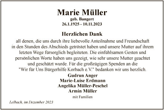 Traueranzeige von Marie Müller von WLZ