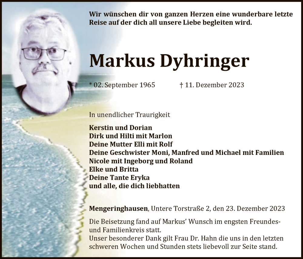  Traueranzeige für Markus Dyhringer vom 23.12.2023 aus WLZ