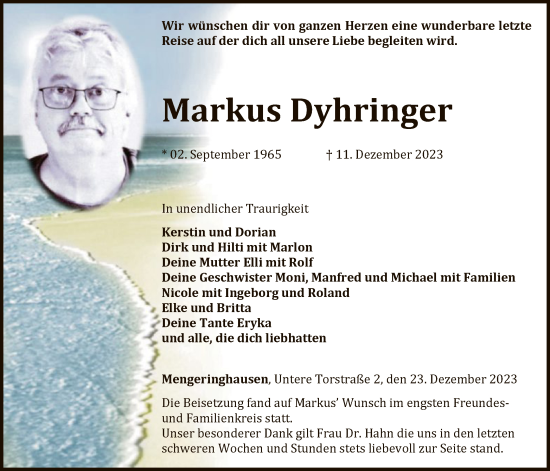 Traueranzeige von Markus Dyhringer von WLZ