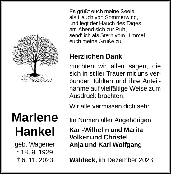 Traueranzeige von Marlene Hankel von WLZ