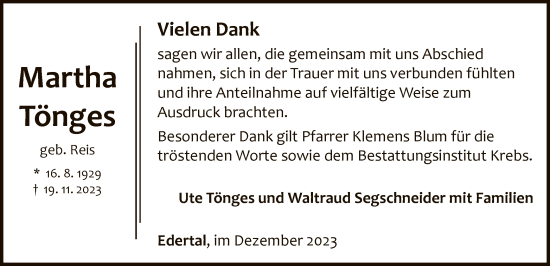 Traueranzeige von Martha Tönges von WLZ