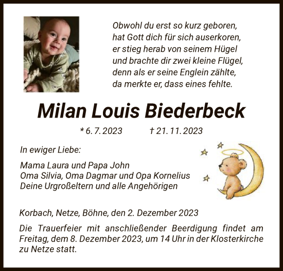 Traueranzeige von Milan Louis Biederbeck von WLZ