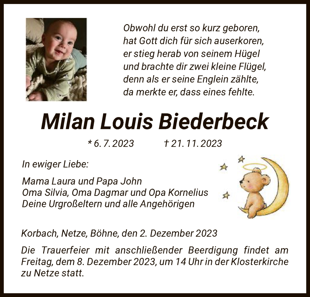  Traueranzeige für Milan Louis Biederbeck vom 02.12.2023 aus WLZ